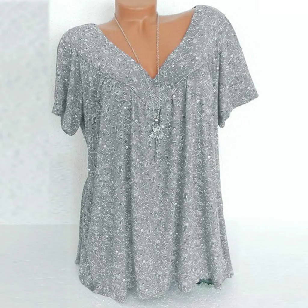 Womens Summer Tops Short Sleeve Floral Shirts Casual Boho V Neck Tshirts Hide Belly Fat Vacation Tunic Dressy Blouses