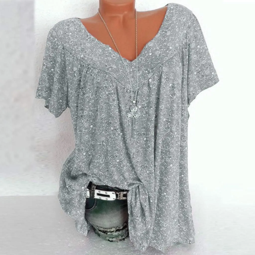 Womens Summer Tops Short Sleeve Floral Shirts Casual Boho V Neck Tshirts Hide Belly Fat Vacation Tunic Dressy Blouses