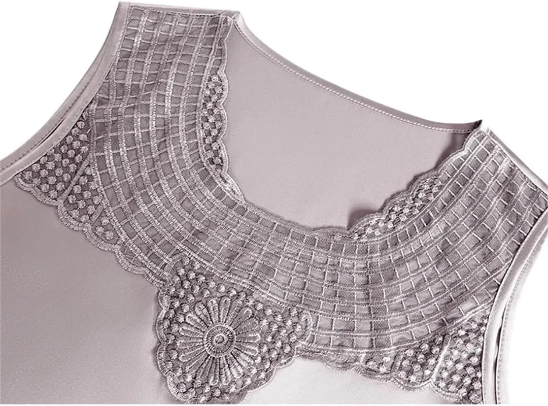 Women's Tank Tops Patchwork Sleeveless Silk Satin Lace Vest Summer Round Neck Camisole Shirt