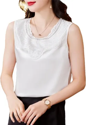 Women's Tank Tops Patchwork Sleeveless Silk Satin Lace Vest Summer Round Neck Camisole Shirt