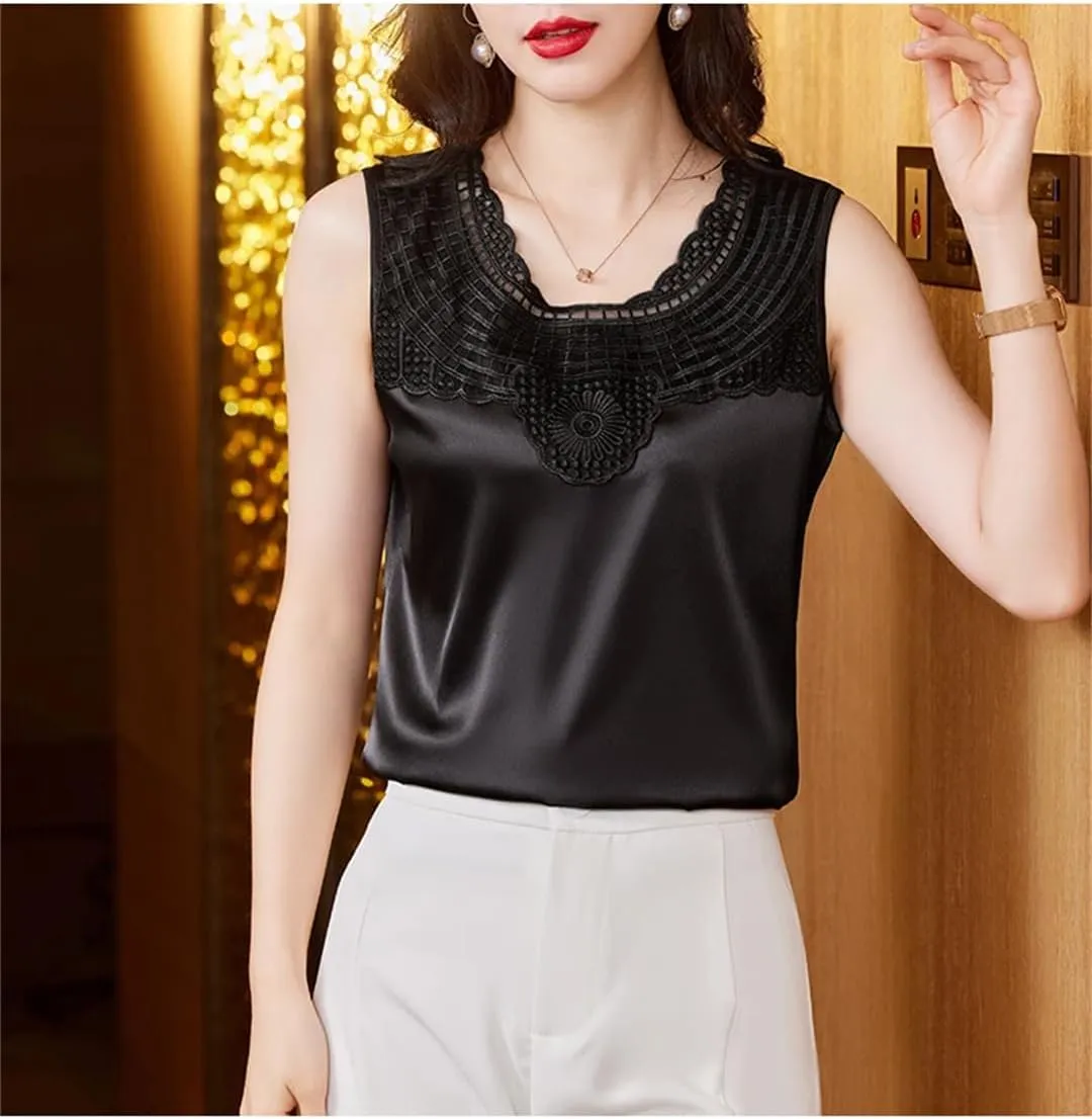 Women's Tank Tops Patchwork Sleeveless Silk Satin Lace Vest Summer Round Neck Camisole Shirt
