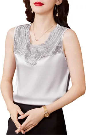 Women's Tank Tops Patchwork Sleeveless Silk Satin Lace Vest Summer Round Neck Camisole Shirt