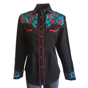 Women's Vintage Western Shirt Collection: Rockmount Fancy Floral Turq and Red Embroidery Black