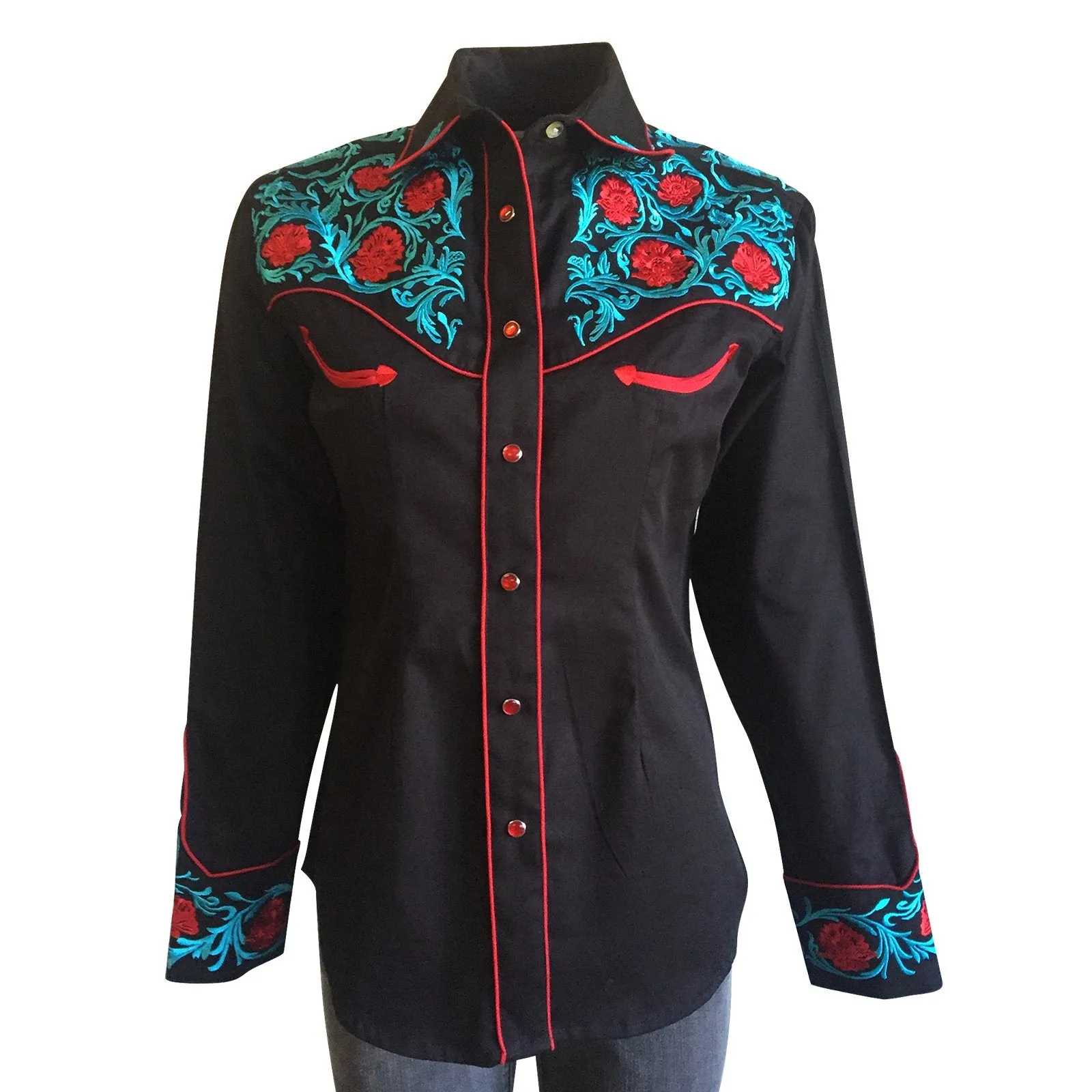 Women's Vintage Western Shirt Collection: Rockmount Fancy Floral Turq and Red Embroidery Black