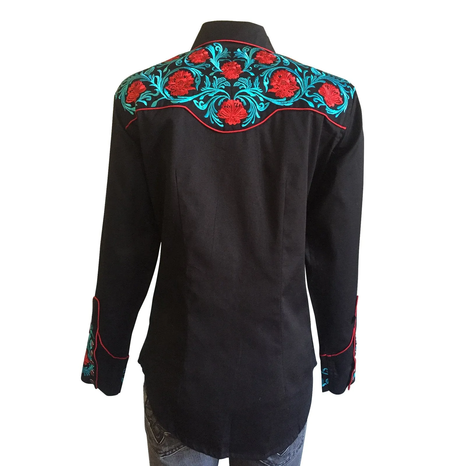 Women's Vintage Western Shirt Collection: Rockmount Fancy Floral Turq and Red Embroidery Black