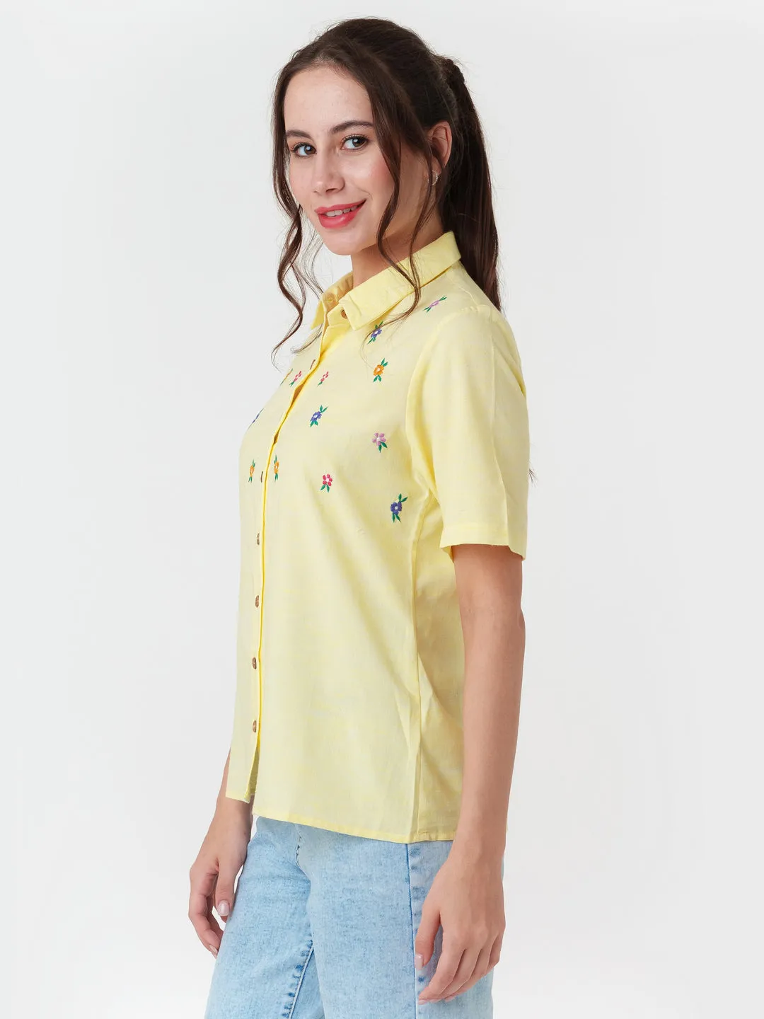 Yellow Embroidered Regular Shirt