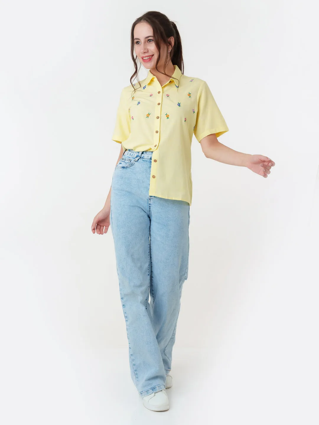 Yellow Embroidered Regular Shirt