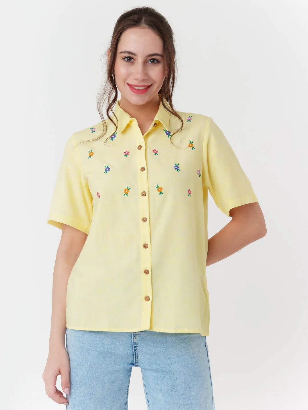 Yellow Embroidered Regular Shirt