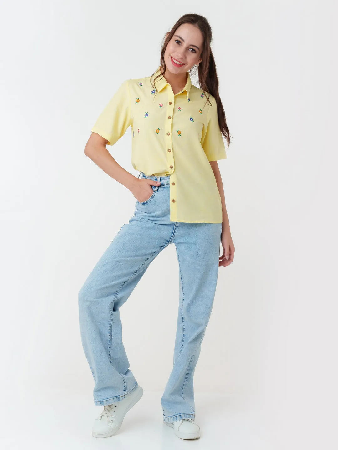 Yellow Embroidered Regular Shirt