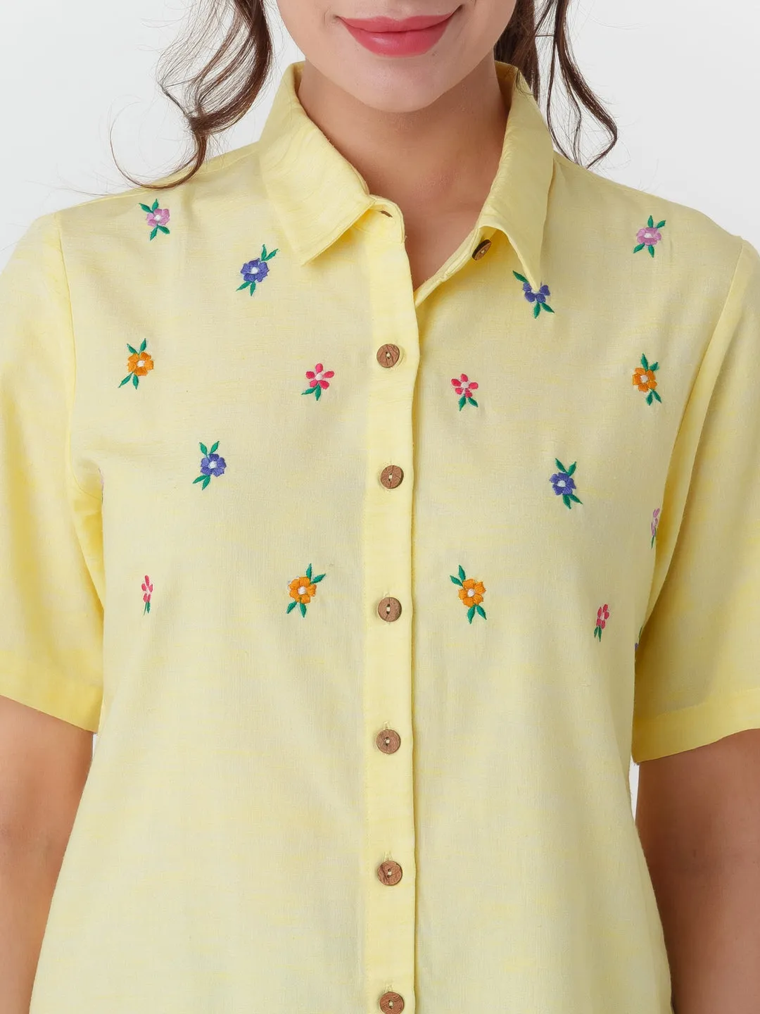 Yellow Embroidered Regular Shirt